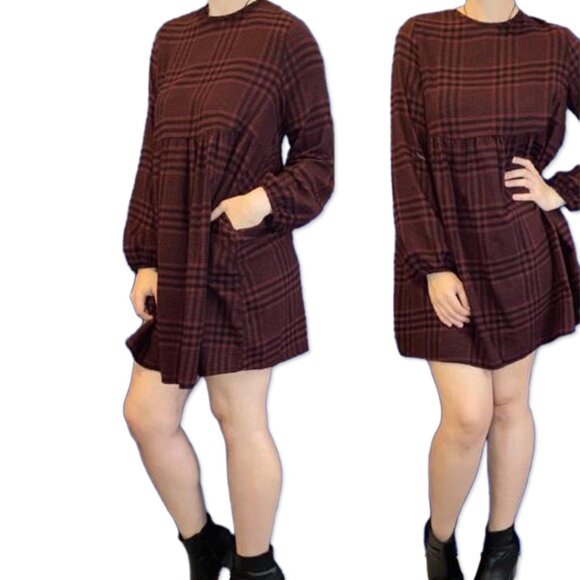 NWT Burgundy & Black Plaid Flannel Baby Doll Dress - Womens Juniors Size XS - Picture 4 of 4
